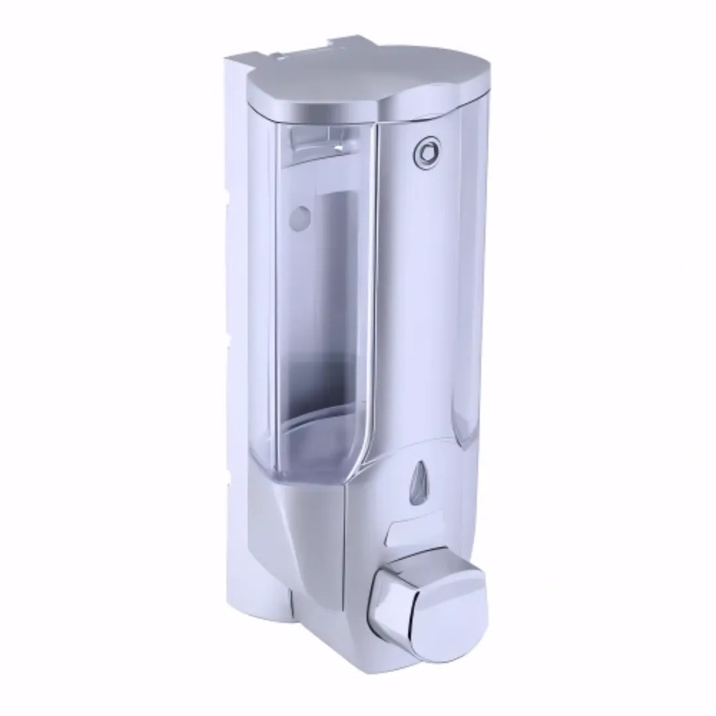 [1621000] Dosificador de gel en Plástico / Transparente y satinado con base blanca 380 ml pulsador rellenable