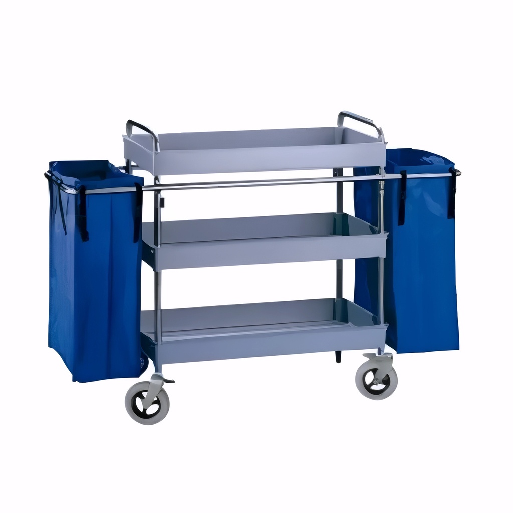 [2710202] Carro de camarera 3 bandejas grandes en Polipropileno y acero inox Rueda espuma 200 mm