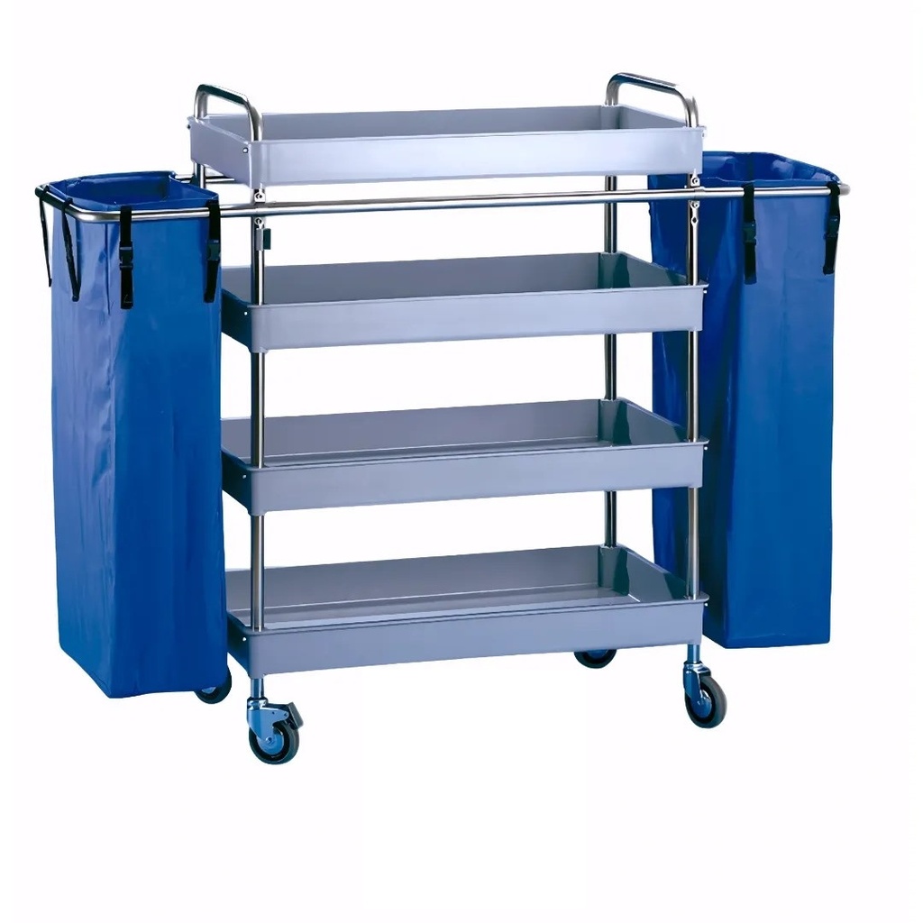 Carro de camarera 4 bandejas grandes en Polipropileno y acero inox Rueda espuma 200 mm