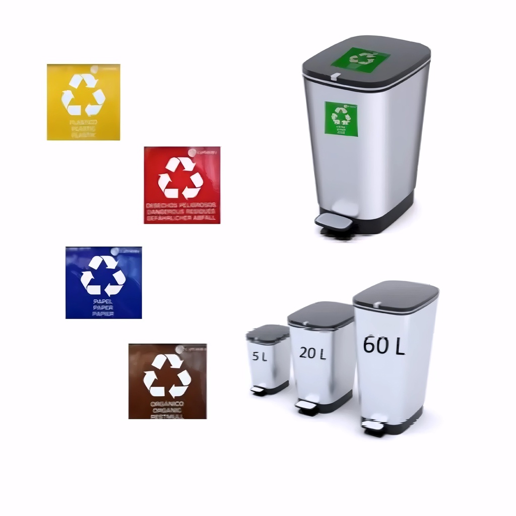 Papelera para reciclaje en plástico cromado y negro 5 L con pedal y pegatinas residuos Chic